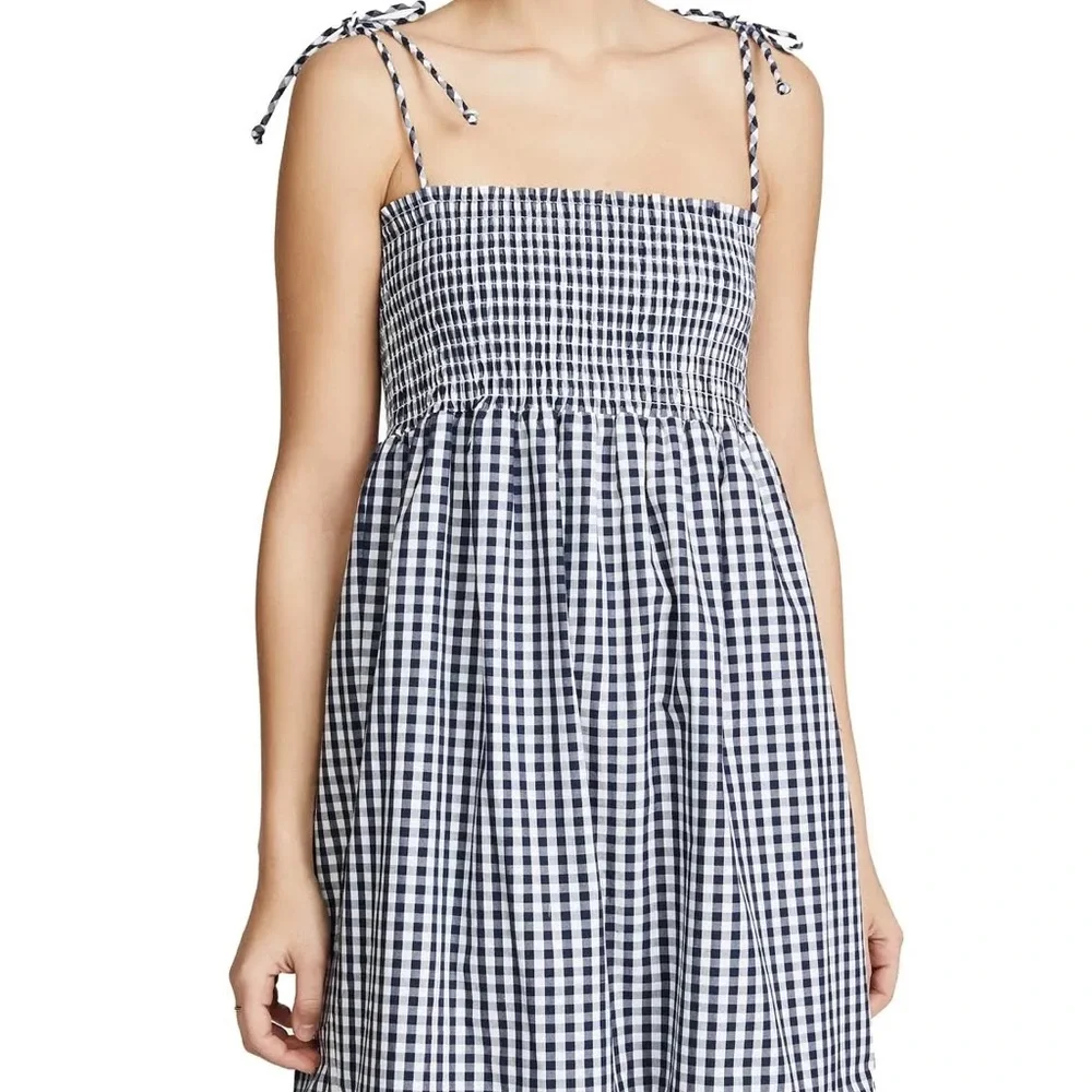 Tory Burch Navy and White Gingham Smocked Midi Dress